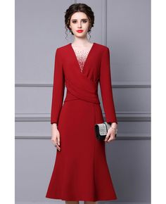 Get 10% off now! Buy Elegant Burgundy Knee Length Fishtail Party Dress with Long Sleeves at cheap price online. Free stable shipping and pro custom service since 2009. Street Style Outfits Casual, Elegant Wedding Guest Dress, Best Wedding Guest Dresses, Working Women, Dress With Long Sleeves, Lovely Dresses, Guest Dresses, Home Interior, Gorgeous Dresses