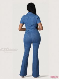 Qteee - Seductive and Stylish Short-Sleeved Denim Jumpsuit with Flared Pants Short Sleeve Denim Jumpsuit, Flared Trousers, Denim Romper, Bell Bottom Pants, Flared Pants, Slim Fit Shorts, Bell Bottom, Sleeveless Jumpsuits, Denim Jumpsuit