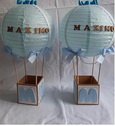 two blue hot air balloons with the words makimo and m in gold lettering