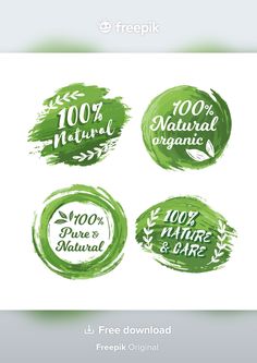 four green watercolor badges with the words 100 % natural and free original on them