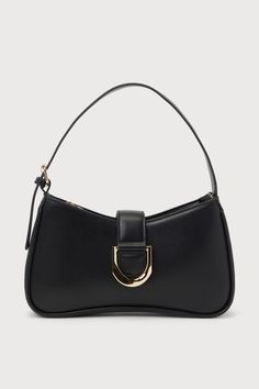 The Lulus Oh-So Chic Black Buckle Shoulder Bag was made for every girl-on-the-go! Smooth faux leather shapes this ultra-chic handbag with a structured design and an adjustable shoulder strap. A wide strap with an oversized buckle detail and a hidden magnetic closure lifts to reveal a zippered top that opens up to a lined interior with a sidewall pouch and zippered pocket. Gold hardware throughout creates an elevated look! Lined. Bag Measures 10. 5" Wide, 6" Tall, And 2" Deep. Adjustable Shoulder Modern Faux Leather Shoulder Bag With Gold-tone Hardware, Office Shoulder Bag Satchel With Single Handle, Office Satchel Shoulder Bag With Single Handle, Black Baguette Bag With Metal Hardware For Office, Daily Use Baguette Shoulder Bag With Metal Hardware, Modern Handheld Bags With Metal Hardware, Trendy Shopping Hobo Bag With Gold-tone Hardware, Trendy Top Handle Shoulder Bag With Gold-tone Hardware, Trendy Leather Shoulder Bag With Single Handle