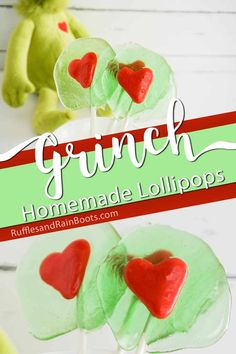 some green lollipops with hearts on them and the title overlay reads grino homemade lollipops