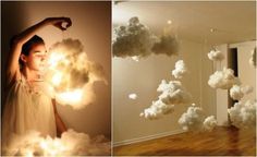 there are two pictures with clouds floating in the air, and one is holding a light bulb