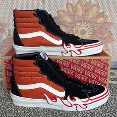 New In The Box Authentic Vans Men’s Sk8-Hi Flame Vn0005ujgwp Sneakers Red Fire Vans, Vans Skate Shoes With Red Sole For Streetwear, Casual High-top Sneakers With Red Sole For Skateboarding, Slip-on Skate Shoes With Red Sole For Streetwear, Vans High-top Skate Shoes With Red Sole, Slip-on High-top Sneakers With Red Sole For Streetwear, Casual Skate Shoes With Red Sole For Streetwear, Tie Dye Shoes, Vans Women