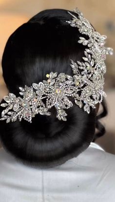 "Beautiful large crystal bridal headpiece for your wedding day! Make a statement appearance wearing this luxury hair piece made from high quality lab grown diamonds and high quality crystals. This luxury bridal headpiece is soft and flexible and can be worn at the front as a headband or back of your hair and can be shaped to suit any hairstyle. It measures 12\" long and 4\" wide. High quality guaranteed by Latasha Bridal! SHIPPING: Standard Shipping: 4-6 business days Priority mail Shipping: 2-3 Wedding Day Hair For Bride Black Women, Bridal Rhinestone Headpiece, Headpiece Ideas, White Long Sleeve Wedding Dress, Pineapple Cupcake, Crystal Wedding Crown, Crystal Bridal Headpiece, Crystal Crown Wedding, Rhinestone Headpiece