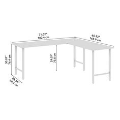 a white desk with measurements for the top and bottom section, including an extension table