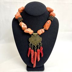 Soft orange color natural Coral with red dangling Coral Traditional Coral Necklace With Gemstone Beads, Orange Red Coral Gemstone Beaded Necklaces, Red Beaded Pendant Necklace With Natural Stones, Orange Red Coral Gemstone Beaded Necklace, Red Coral Pendant Necklace, Red Beaded Pendant Necklace, Orange Gemstone Beads Necklace In Red Coral, Red Coral Jewelry With Natural Stones, Orange Beaded Dangle Necklaces