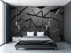 a modern bedroom with black and white decor