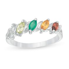 This mother's "S"-style ring can be personalized with two to six 5.0 x 2.5mm marquise-cut birthstones of your choosing. Sterling silver rings cannot be resized after purchase. Silver Marquise Three-stone Ring, Marquise Cut Birthstone Gemstone Promise Ring, Marquise Cut Multi-stone Anniversary Rings, Marquise Cut Gemstone Promise Ring, Silver Marquise Three-stone Jewelry, Three Stone Marquise Jewelry As Gift, Marquise Three Stone Jewelry Gift, Marquise Cut Birthstone Jewelry For Anniversary, Marquise Three-stone Jewelry As A Gift