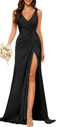 Fabric: Satin Silhouette: A Line/Princess Neckline: V Neck Hemline/Train: Floor-Length Sleeve: Sleeveless Shown Color: As Pic Jersey Prom Dress, Sleeveless Bridesmaid Dresses, Maid Of Honour Dresses, Designer Prom Dresses, Prom Designs, Formal Party Dress, Deep Neckline, Formal Party, Long Prom Dress