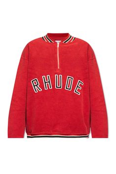 Red crewneck sweatshirt from Rhude. Made of cotton, this long sleeve design features a zip at the neck, logo embroidery, slip pocket and ribbed trims at the crew neck, hem and cuffs. Composition: 100% Cotton College Logo Sweatshirt For Fall, College Logo Detail Sweatshirt For Fall, College Sweatshirt With Logo For Fall, Sporty Half-zip Sweatshirt With Ribbed Collar, Collegiate Crew Neck Sweatshirt With Logo Detail, Sporty Half-zip Sweater With Ribbed Cuffs, Streetwear Half-zip Sweater With Ribbed Cuffs, Red Collegiate Sweatshirt With Ribbed Cuffs, Half-zip Cotton Sweatshirt With Ribbed Cuffs