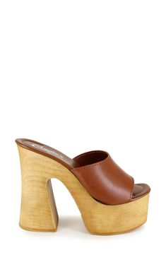 A woodgrain platform and soaring block heel lend scene-stealing height and retro-cool appeal to a slide sandal that will elevate your trendsetting looks. 4" heel; 2" platform Leather upper and lining/synthetic sole Made in Spain Spring Clogs With 4-inch Wedge Heel, Modern Clogs With Wooden Wedge Heel, Trendy Wedge Heels With Wooden Heel, Trendy Wooden Wedge Heels, Retro Mules With Wooden Heel For Spring, Brown Wooden Platform Heels, Open Toe Wooden Platform Clogs, Modern Brown Platform Wedge Sandals, Trendy Brown Sandals With Sculpted Heel