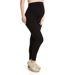 Cotton-rich leggings that can stretch as you grow. Made of knit cotton and spandex. Encased elastic around top of waist for a secure fit. Shaped belly panel has a deep curved seam at front. Seamless sides. Center back seam for definition. Turned-and-stitched hems. Sewn-on fabric info tag on inner back of waist. Unlined. Hue Women's Maternity Cotton Legging in Black (U17974) | Size Small | HerRoom.com Tight Full-length Leggings With Wide Waistband, Full Length Tight Leggings With Wide Waistband, High Waist Fitted Seamless Tights, Seamless Fitted Maternity Bottoms, Fitted Seamless Maternity Bottoms, Stretch Full Length Tights With Contoured Waistband, Stretch Seamless Leggings Made Of Elastane, Stretch Seamless Leggings, Fitted Seamless Elastane Leggings