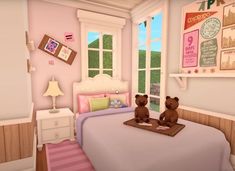 two teddy bears sitting on a bed in a child's room with pink walls