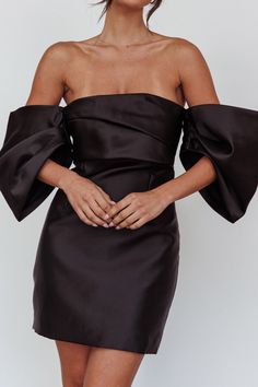 Shop the Magnolia Off-Shoulder Mini Dress Black | Selfie Leslie Black Tie Attire For Women Short Dress, Black Tie Mini Dress, Chic Formal Dress, Meghan Wedding, Black Satin Mini Dress, Pageant Outfits, Shoot Poses, Mini Homecoming Dresses, Satin Clutch