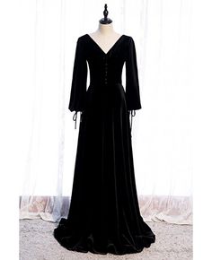 Buy formal long velvet black evening dress vneck with long sleeves at affordable price online. Free shipping and pro custom service since 2009. Fantasy Fits, Maxi Formal Dress, Hallway Stairs, Sweep Train Prom Dress, Velvet Evening Dress, Dream Prom, Prom Dresses With Pockets, Black Mermaid, Velvet Maxi