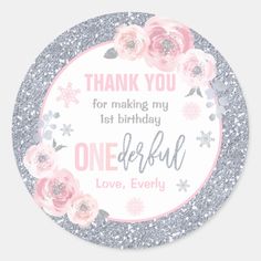 a pink and silver birthday sticker with flowers