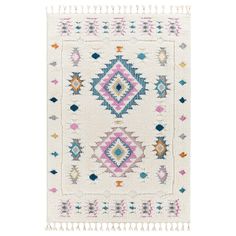 a white rug with multicolored diamonds and fringes on the bottom, in front of a white background