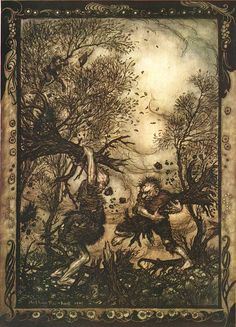 an image of a painting with animals in the woods