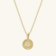 Radiate in our Sun necklace. - Waterproof, tarnish resistant & hypoallergenic- Made in gold vermeil: a thick 18k gold layer on sterling silver.- Adjustable chain 17 to 18 in.- Pendant size: 12.5 mm Yellow Gold Medallion Necklace With Adjustable Chain For Everyday, Everyday Yellow Gold Medallion Necklace With Adjustable Chain, Dainty Gold Plated Tarnish Resistant Medallion Necklace, Gold-tone Tarnish Resistant Gold Plated Medallion Necklace, Dainty Gold Plated Tarnish-resistant Medallion Necklace, Gold Sterling Silver Medallion Necklace With Adjustable Chain, Gold Medallion Charm Necklace With Cable Chain, Tarnish Resistant 14k Gold Charm Necklace In Gold-tone, Dainty Tarnish Resistant Medallion Pendant Necklace