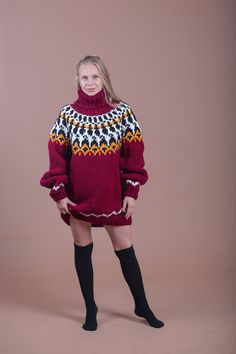 "Christmas Chunky wool sweater in nordic style made by Molimarks DETAILS - Made from 100% natural soft wool - The model is 170 cm tall (regular S) - The sweater on picture is size 4 XL - As mostly all models in our shop the sweater is loose fit - Color on photo - bordo ,yellow , black ,white Details Sweater in the pictures : 1-Sweater Length76cm,29,9inch 2-Sweater Chest55cm,21,7inch 3-Sweater Sleeves54cm,21,3inch 4- Turtleneck Length30cm,11,8inch FIT - The sweater is of loose fit designed to hav Nordic Chunky Knit Sweater For Fall, Nordic Style Warm Sweater For Fall, Warm Nordic Sweater For Fall, Nordic Chunky Knit Sweater For Winter, Scandinavian Sweater With Fair Isle Pattern For Cold Weather, Red Merino Wool Sweater For Winter, Fair Isle Pattern Long Sleeve Sweater For Cold Weather, Scandinavian Style Fair Isle Sweater For Cold Weather, Long Sleeve Fair Isle Sweater For Cold Weather