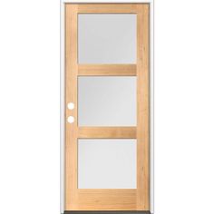 a wooden door with two glass panels on the top and bottom panel, against a white background