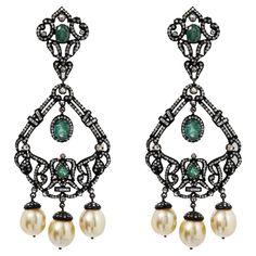 Emerald & Diamond Earrings with Pearl Drops Oxidized Silver & 14K gold. These earrings are crafted with meticulous attention to detail, blending classic and modern design for a timeless look. Their unique composition and durable construction make them a timeless accessory that will last for years to come. Emerald And Diamond Earrings, Emerald Diamond Earrings, Unique Composition, Nice Nails, Jewel Box, Timeless Accessories, Oxidized Silver, Emerald Diamond, Pearl Drop Earrings