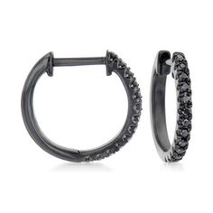 Ross-Simons - .10ct t. w. Black Diamond Huggie Hoop Earrings in 14kt White Gold. 3/8". Indulge in a bit of drama with these bold black diamond huggie hoops. Boasting .10 ct. t. w. black diamonds in 14kt white gold with black rhodium for a seamless look that makes a major statement. Hanging length is 3/8". Hinged post, black diamond huggie hoop earrings. Diamond birthstones are the perfect gift for April birthdays. Classic White Gold Earrings With Black Diamonds, Luxury Black Diamond Earrings, Luxury Black Round Diamond Earrings, Black Diamond Cut Round Earrings, Black Diamond Hoop Earrings, Black Diamond Solitaire Ring, Diamond Anklet, Black Stone Earrings, Personalized Pendant Necklace