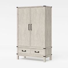 an armoire with two drawers and one door on the front, in grey wood