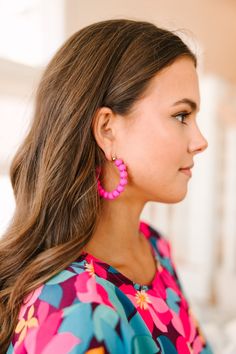 These playful and stylish It's All Fun Pink Beaded Hoop Earrings will add a pop of color to any outfit. The bright pink beading and fun hoops are sure to get you compliments! Colorful Earrings Outfit, Pink Hoop Beaded Earrings For Party, Pink Colorful Beaded Hoop Earrings For Parties, Pink Hoop Earrings With Colorful Beads For Party, Pink Hoop Earrings For Spring, Trendy Colorful Beaded Hoop Earrings For Parties, Trendy Pink Beaded Earrings For Spring, Large Beads Hoop Earrings, Playful Pink Beaded Earrings