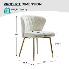 a white chair with gold legs and measurements for the back side, which is shown