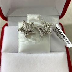 Beautiful 14 Kt White Gold And Diamond Puffed Star Stud Earrings! This Diamond Star Earring Is A Great Gift For A Heart Love Friends Relationship Admirer And Is Hand-Wrapped In A Beautiful Jewelry Gift Box. Elegant Silver Star-shaped Diamond Earrings, Star-shaped Sparkling Earrings For Anniversary, Sparkling Star-shaped Earrings For Anniversary, Sterling Silver Star-shaped Diamond Earrings, Star-shaped Diamond Earrings For Anniversary, Silver Star-shaped Diamond Earrings As Gift, Silver Star-shaped Diamond Earrings For Gift, Diamond White Star Earrings For Anniversary, Star-shaped White Gold Diamond Earrings