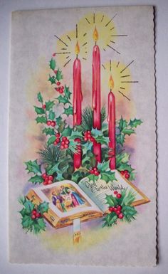 an old fashioned christmas card with candles and holly