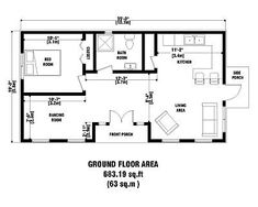 the ground plan for a two bedroom apartment with an attached kitchen and living room area