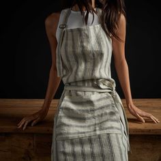 Stripe Full Apron W/ Pocket in Natural Stripe | James Perse Los Angeles Chest Opening, Chef Apron, Apron Pockets, Neck Strap, Tie Belt, Stripes Design, Front Pocket, Apron, Made In Usa