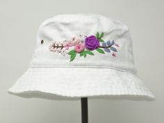 Item: flower embroidered bucket hat Material: 100% cotton Size: one size fits most Color: white, message me if you want to customize the pattern to another color Free first class shipping, upgradable priority mail service. 30 days return policy, feel confident at your purchase! Cheap Embroidered White Hats, Affordable White Embroidered Hat, White Summer Hat With Embroidered Logo, White Cotton Sun Hat With Short Brim, White Cotton Bucket Hat One Size, White Cotton Hats With Custom Embroidery, White Brimmed Cotton Sun Hat, Casual Summer Hats With Custom Embroidery, White Cotton Brimmed Sun Hat