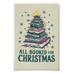 a christmas tree made out of books with the words, all booked for christmas