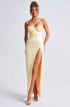 Find your forever dress in Alora, our most stunning gown made for every special event in your diary this season. Designed in our luxury, heavy satin, this stretchy style is cut close to the body for a super cinched look. The dress is complete with gathered cups which are underwired, plus a thigh high split. 



Colour: Lemon.

Luxury heavy stretch satin.

Bodice and back skirt fully lined.

Thigh high split.

Body hugging fit.

Gathered cups.

Adjustable straps.

Underwired bust.

Invisible zip Homecoming Dresses Corset, White Dress Spring, Midi Dress Wedding Guest, Dresses Flowy, Split Long Dress, Maxi Dress Sale, Sparkle Dress, Stunning Gowns, Dresses By Length