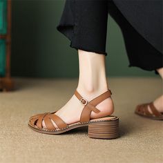 French Vintage Summer Sandals Women Shoe Round Toe Chunky Heel Sandals Shoes for Women Handmade Hollow Out Sandals Zapatos Mujer Casual Spring Block Heels With Round Toe, Casual Brown Slingback Sandals Medium Width, Trendy Brown Ankle Strap Sandals, Spring Closed Toe T-strap Sandals With Heel Strap, Brown Ankle Strap Slingback Sandals Medium Width, Brown Medium Width Ankle Strap Slingback Sandals, Brown Closed Toe Block Heels For Spring, Spring Brown Closed Toe Block Heels, Spring Brown Block Heels With Closed Toe