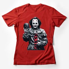 Horror Clown Graphic Tee, Scary Movie Fan Shirt, Unisex Cotton T-Shirt for Halloween, Creepy Party Outfit Top, Gift for Horror Lovers Female T-Shirt Custom graphic T-Shirt.Customize your color Red Crew Neck Top For Halloween, Horror Graphic Print Tops For Fan Merchandise, Fitted Red Top For Halloween, Halloween Pop Culture T-shirt With Sublimation Print, Halloween Fan Merchandise Tops With Character Print, Horror Crew Neck Top With Sublimation Print, Halloween Short Sleeve Tops With Sublimation Print, Horror Style Halloween Fan Merchandise Tops, Halloween Horror Fan Merchandise Tops