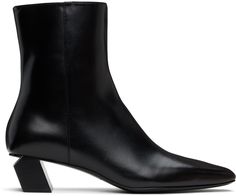 Ankle-high buffed leather boots in black. · Almond toe · Zip closure at inner side · Buffed sheepskin lining · Leather block heel with rubber injection · Logo-engraved silver-tone hardware at heel notch · Leather sole · Heel: H1.25 Supplier color: Black Alexander Wang Boots, Two Tone Boots, Lipstick Bag, Chain Strap Bag, Oversized Tote Bag, Floral Shoes, Leather Block Heels, Silver Engraving, Moto Boots