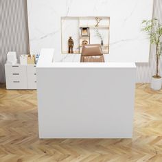 a white reception table in an office with wood flooring and marble wallpaper on the walls