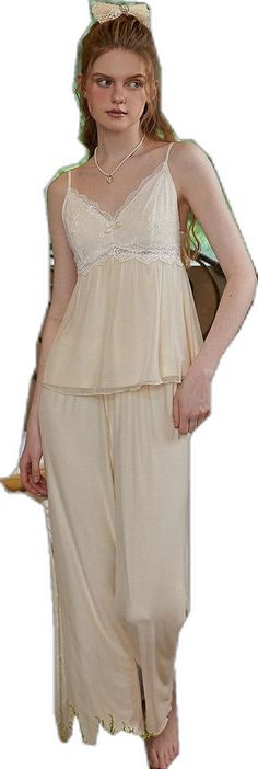 Beige Camisole Sleepwear For Loungewear, Elegant Camisole Sleepwear For Loungewear, Elegant Summer Night Sets, Elegant Sleeveless Sleepwear For Pajama Party, Elegant Camisole Sleep Sets, Elegant Night Sets For Summer, Elegant Sleep Sets With Camisole, Feminine Lace Patchwork Sleepwear For Loungewear, Cream Lace Trim Sleepwear For Loungewear