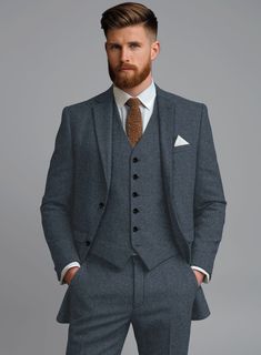 Opt for our Light Weight Bond Blue Tweed jacket and have your evening wear elevated to truly sophisticated style. Crafted from pure wool, tweed jackets are appropriate for colder months as the material not only looks structured and professional but also keeps you warm. Wear it with a matching waistcoat and trousers, a crisp white shirt and dark brown derby shoes.  Look Includes   Light Weight Bond Blue Tweed Fabric  Two Button Jacket Style  Notch Lapel  Horn Royal Black Buttons  Single Vent  Thr Welted Pocket, Blue Tweed Jacket, Grey Tweed Suit, Herringbone Tweed Jacket, White Linen Suit, Green Velvet Jacket, Peaky Blinders Suit, Royal Blue Suit, Brown Derby