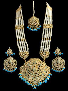 long rani haar with earrings and tika Made using Jadau pearls with turquoise beads and 22ct gold plating Traditional Turquoise Kundan Necklace For Festivals, Turquoise Kundan Bridal Necklace For Festive Occasion, Festive Turquoise Kundan Bridal Necklace, Turquoise Kundan Bridal Necklace For Wedding, Turquoise Kundan Necklace With Meenakari For Wedding, Traditional Turquoise Kundan Necklace, Traditional Turquoise Jewelry Sets For Wedding, Rani Haar, Silver Jewelry Earrings