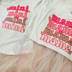 Mommy and me matching shirts. Leopard print and various shades of pink! Comes on white cotton shirts. Made upon order. Fun White Shirt With Custom Print, Cute Pink Shirt With Custom Print, Pink Summer Tops With Name Print, Pink Tops With Custom Print For Spring, Pink Fun Top With Text Print, Customizable White Tops For Spring, Cute Customizable White Shirt, Pink Custom Print Shirt For Spring, Family Matching White Shirt With Name Print