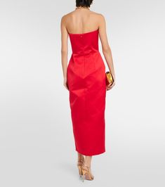 Strapless midi dress in red - Emilia Wickstead | Mytheresa Silk Sheath Midi Dress For Gala, Silk Sheath Midi Dress For Formal Occasions, Silk Midi Party Dress, Formal Silk Midi Evening Dress, Spring Silk Midi Dress For Gala, Silk Maxi Dress For Red Carpet, Red Carpet Satin Maxi Dress, Silk Midi Dress For Cocktail, Chic Silk Midi Evening Dress