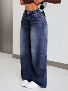 Women's Comfortable And Versatile Loose-Fit Jeans With Button Pockets, Belt Loops Dark Wash Casual   Denim Plain Wide Leg Non-Stretch  Women Clothing, size features are:Bust: ,Length: ,Sleeve Length: Fancy Pants Outfit, Baggy Jeans For Women, Street Style Outfits Casual, Casual Denim Jeans, Moda Denim, Shein Icon, Trendy Outfits For Teens, Classy Casual Outfits, Easy Trendy Outfits