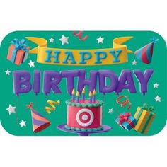 a birthday card with the words happy birthday written on it and balloons, gifts, and stars