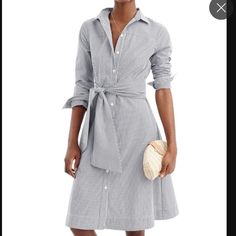 Brand New With Tags, Size 12, J Crew Shirt Dress In Pinstripe Navy And White. Classic Beauty. Great On Its Own Or With A Sweater Or Blazer. Button Front, Wide Tie Belt. Waist 15.5”; Bust 19.5”; Length From Shoulder 40”. Has A Little Stretch With The 2% Elastane. Never Worn. Only Tried On And Pressed. Added A Few More Photos. Looks So Much Better On The Dress For Than Hanging! Classic Striped Long Sleeve Shirt Dress, Spring Workwear Shirt Dress With Striped Collar, Spring Shirt Dress With Striped Collar For Work, Button-up Shirt Dress With Striped Collar For Work, Striped Midi Shirt Dress For Work, Striped Long Sleeve Shirt Dress For Formal Occasions, Classic Striped Shirt Dress For Work, Spring Vertical Stripes Shirt Dress For Work, Spring Vertical Stripes Workwear Shirt Dress